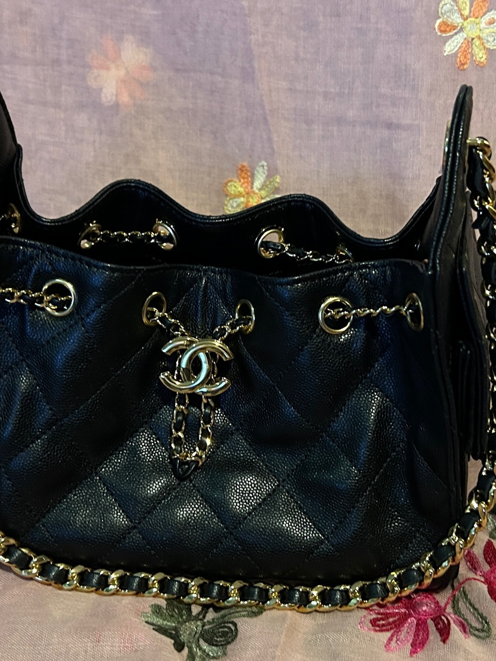 CHANEL Black Quilted Leather Drawstring Shoulder Bag with Gold Chain #authentic